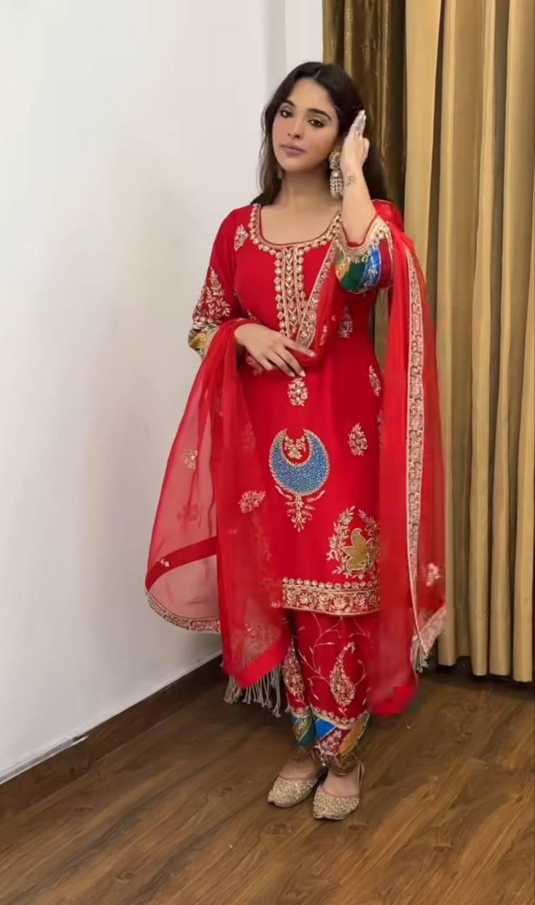 Exclusive Party Wear Crepe Silk Outfit with 5mm Sequence Embroidery and Fancy Lace Dupatta