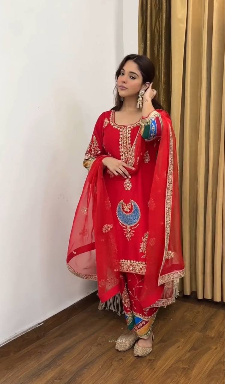 Exclusive Party Wear Crepe Silk Outfit with 5mm Sequence Embroidery and Fancy Lace Dupatta