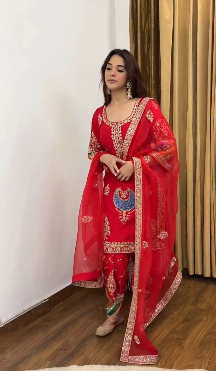 Exclusive Party Wear Crepe Silk Outfit with 5mm Sequence Embroidery and Fancy Lace Dupatta
