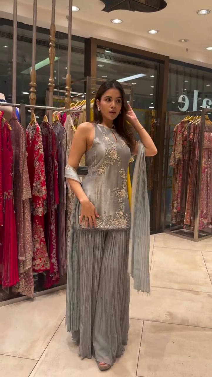 Fully Stitched Party Wear Top-Plazzo and Dupatta Set in Crepe Silk and Georgette