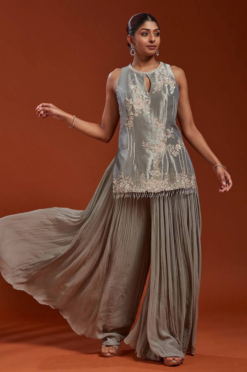 Fully Stitched Party Wear Top-Plazzo and Dupatta Set in Crepe Silk and Georgette