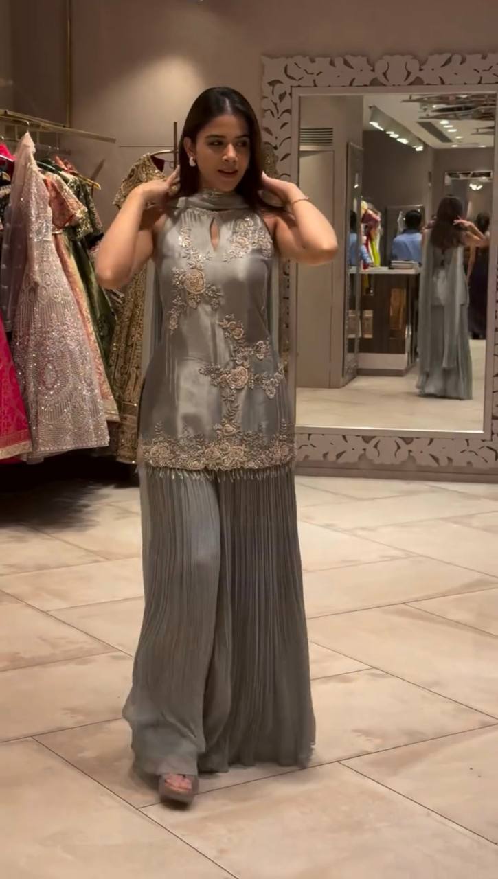 Fully Stitched Party Wear Top-Plazzo and Dupatta Set in Crepe Silk and Georgette