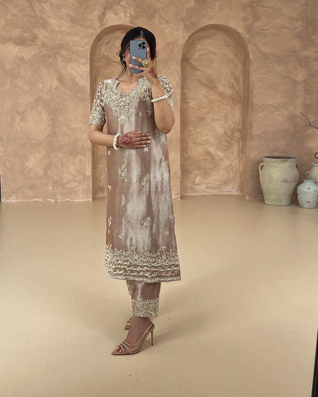 Contemporary Designer Look in Jimmy Choo Silk with Sequins and Embroidery Detailing