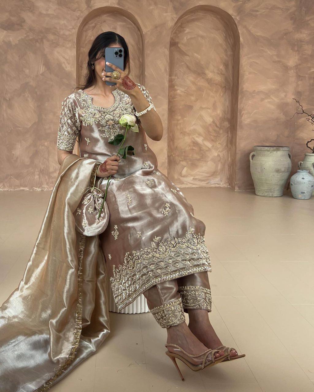 Contemporary Designer Look in Jimmy Choo Silk with Sequins and Embroidery Detailing