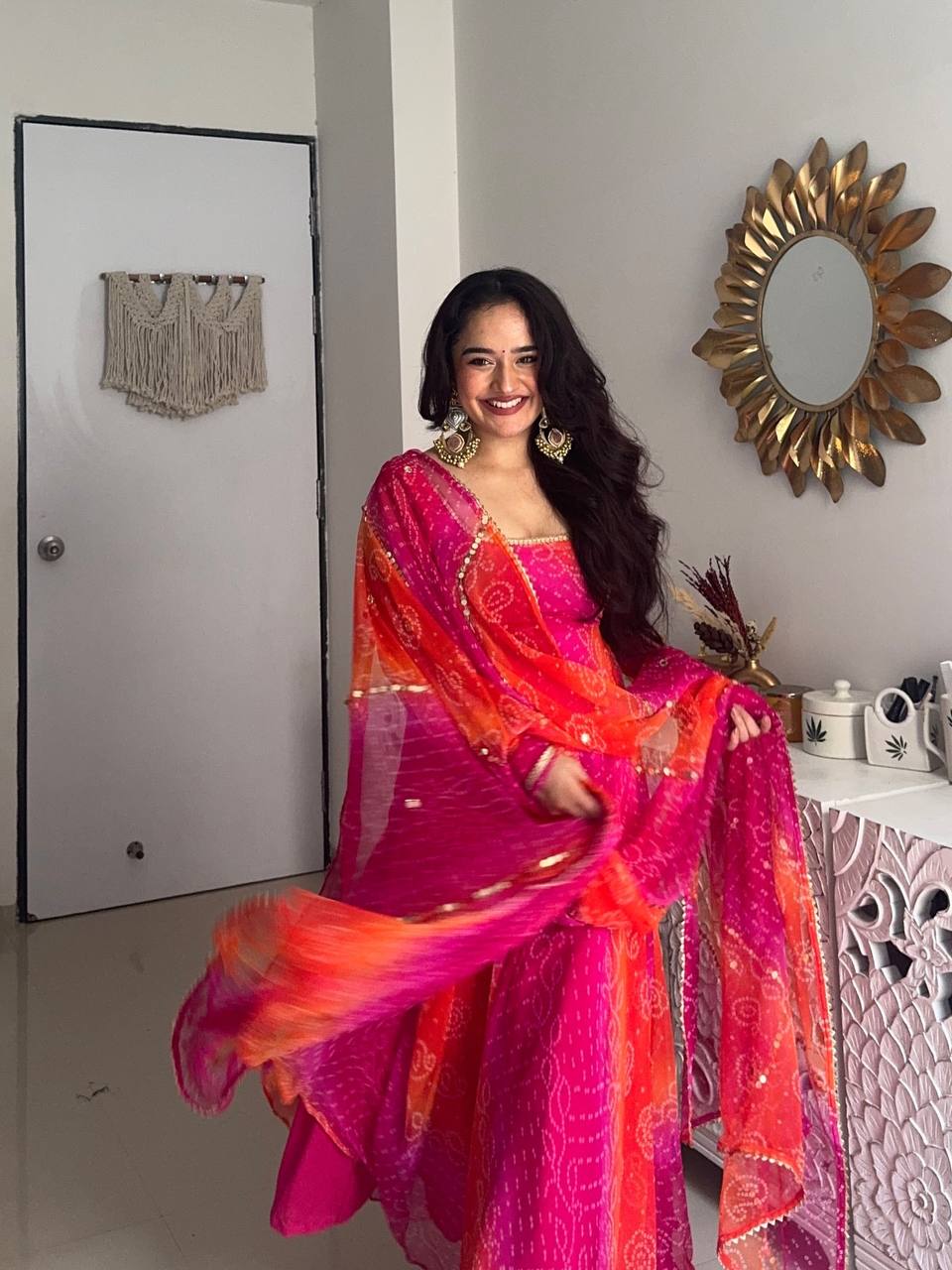 Designer Bandhej Digital Print Anarkali Gown Set with Coordinated Dupatta and Bottom