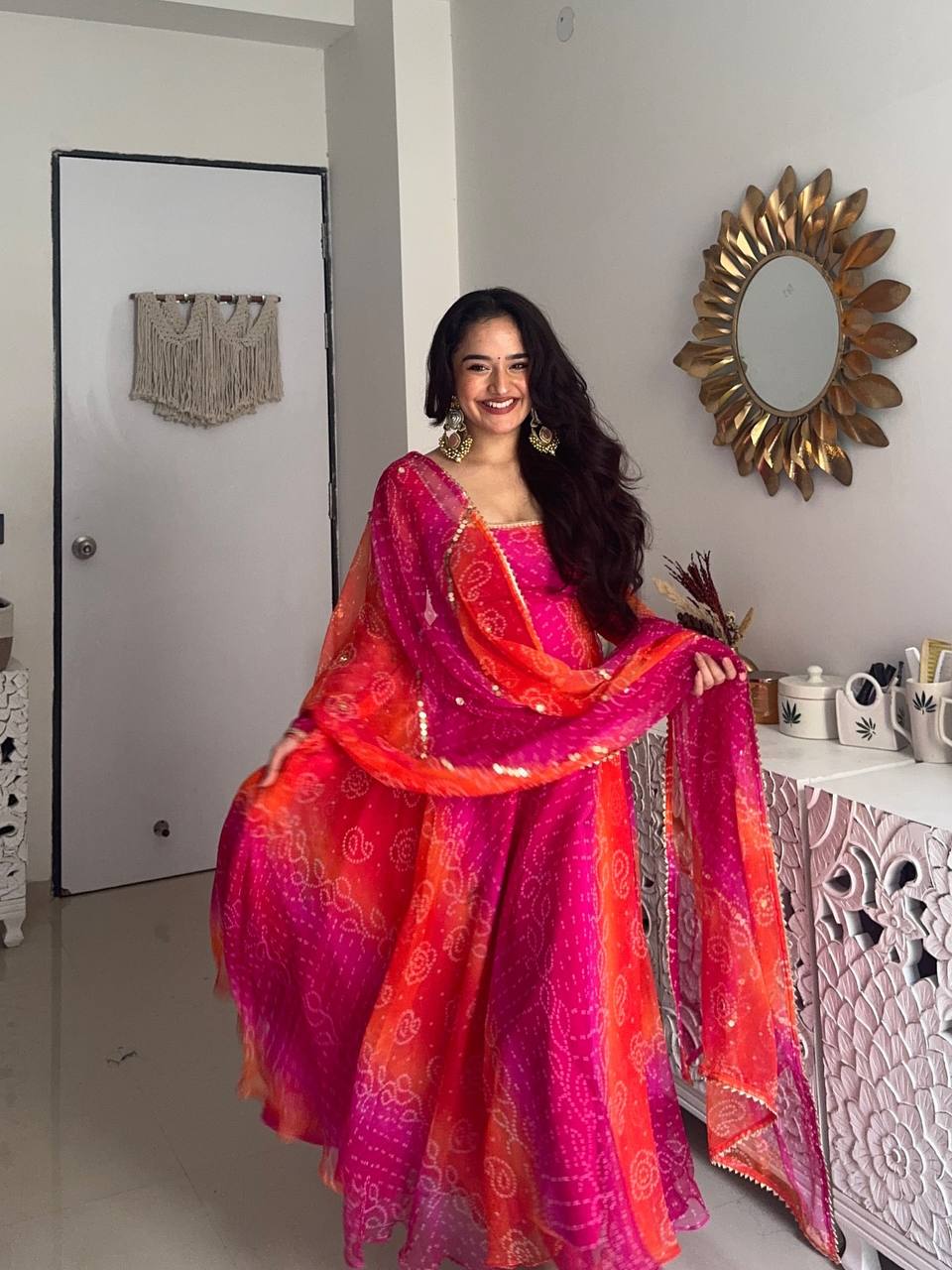 Designer Bandhej Digital Print Anarkali Gown Set with Coordinated Dupatta and Bottom
