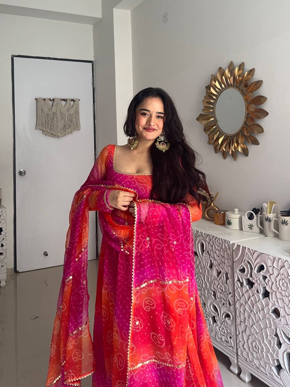 Designer Bandhej Digital Print Anarkali Gown Set with Coordinated Dupatta and Bottom
