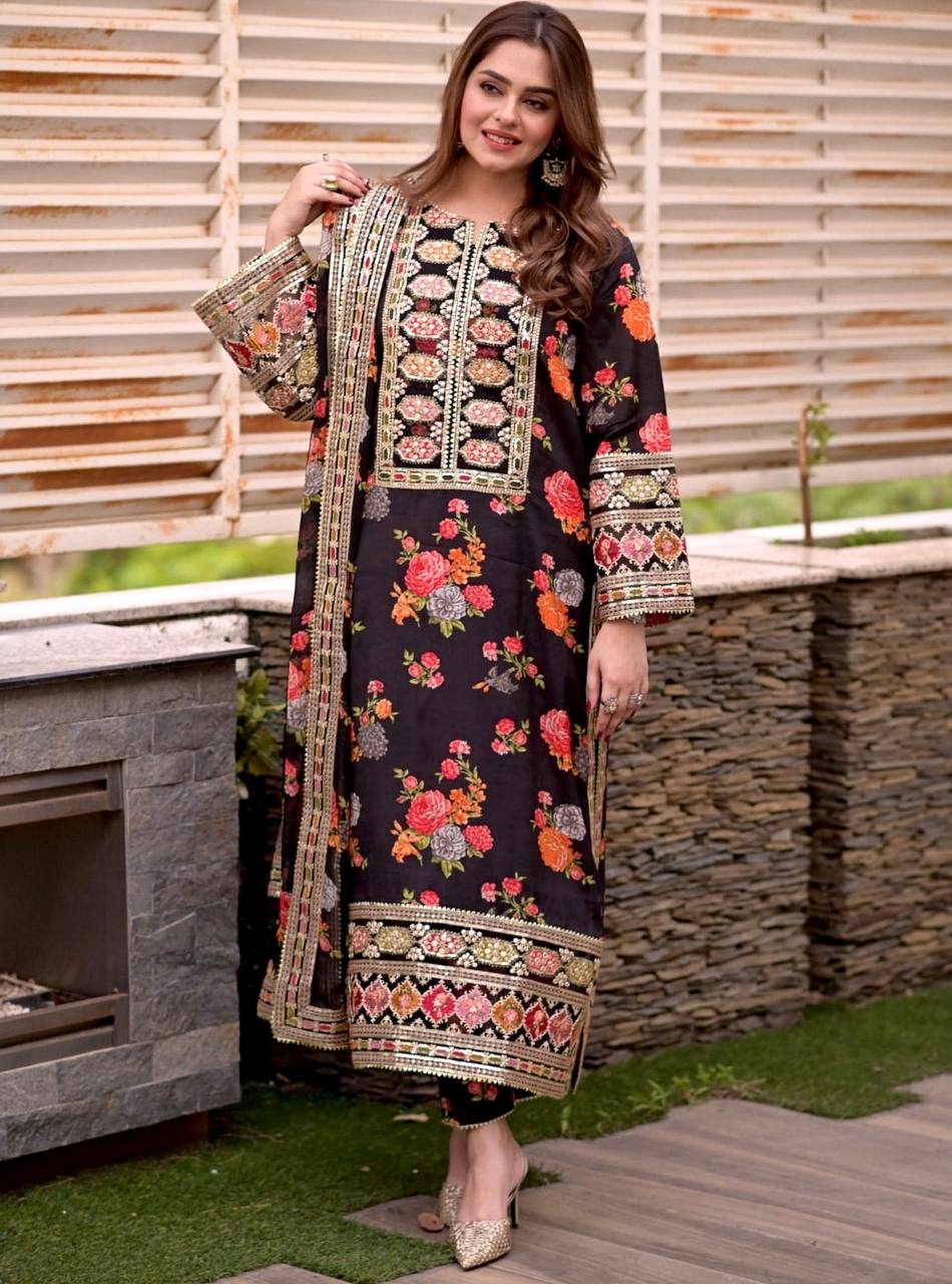 Chinon Silk Three-Piece Set with Embroidered Organza Patch and Fancy Sleeves