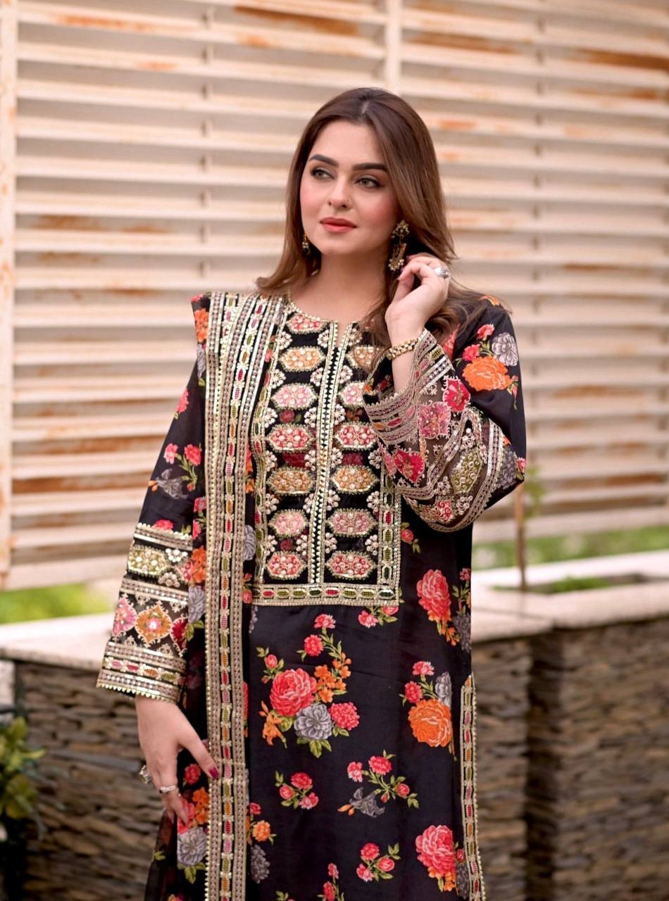 Chinon Silk Three-Piece Set with Embroidered Organza Patch and Fancy Sleeves
