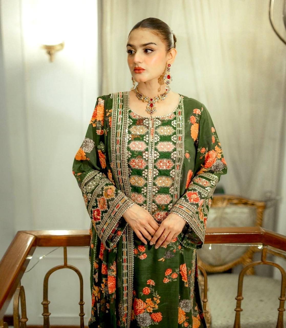 Chinon Silk Three-Piece Set with Embroidered Organza Patch and Fancy Sleeves