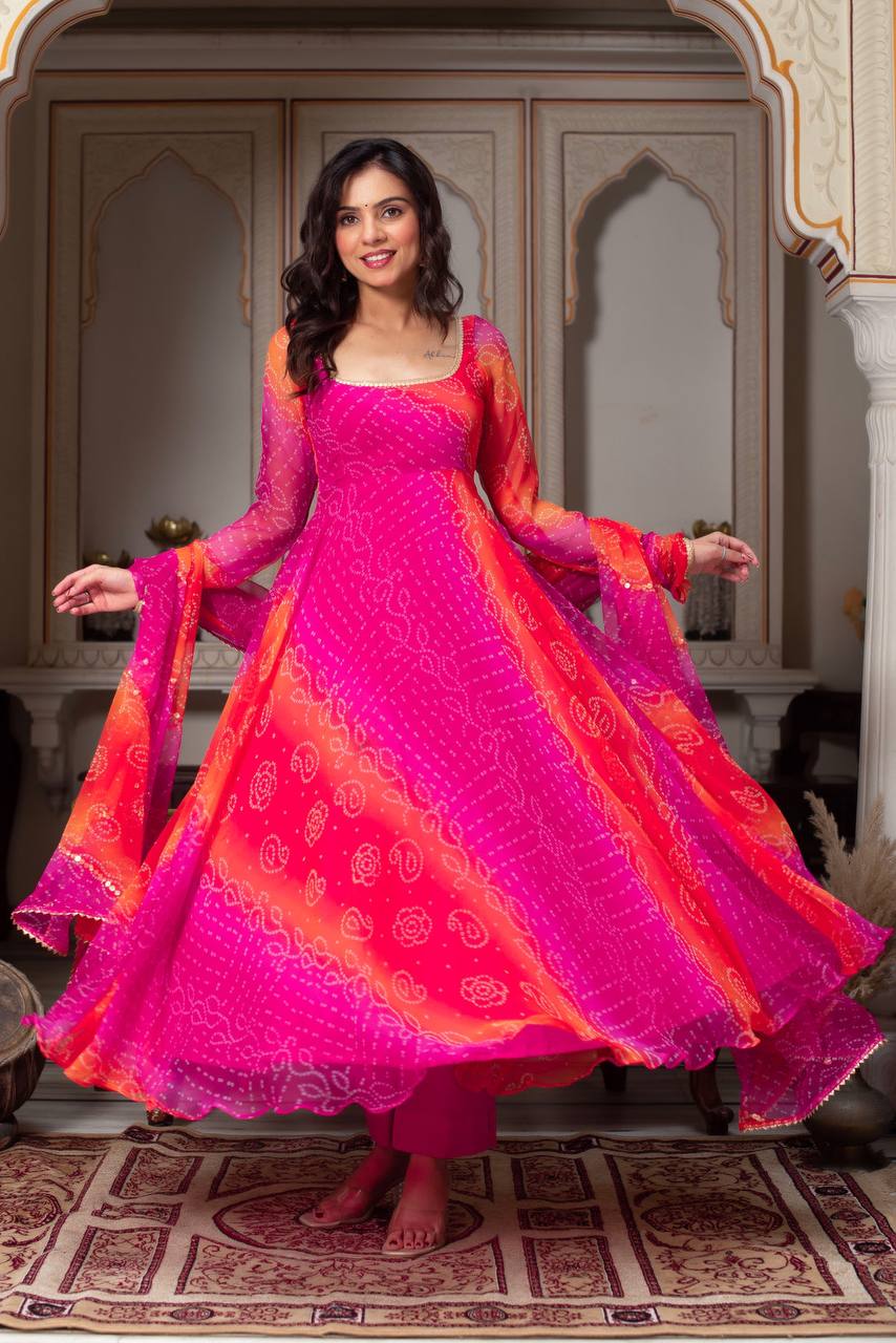 Designer Bandhej Digital Print Anarkali Gown Set with Coordinated Dupatta and Bottom