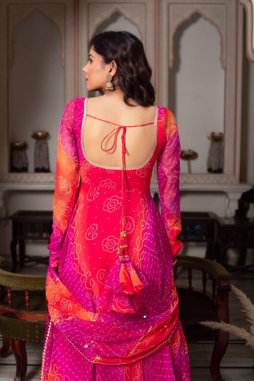 Designer Bandhej Digital Print Anarkali Gown Set with Coordinated Dupatta and Bottom
