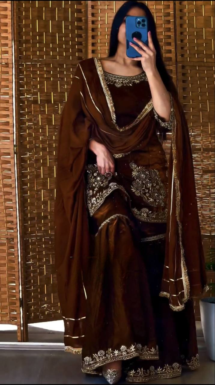 Fully Stitched Natural Crepe Designer Sharara Set with 5mm Sequence Embroidery