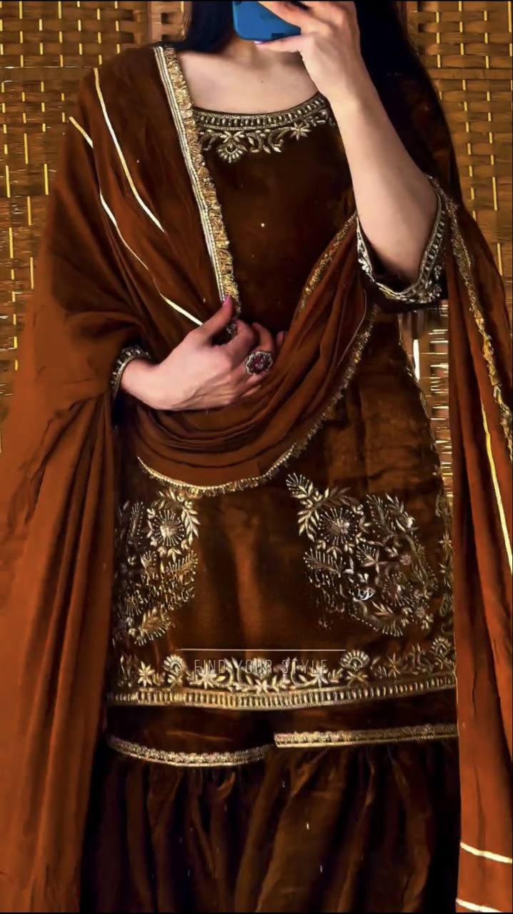 Fully Stitched Natural Crepe Designer Sharara Set with 5mm Sequence Embroidery