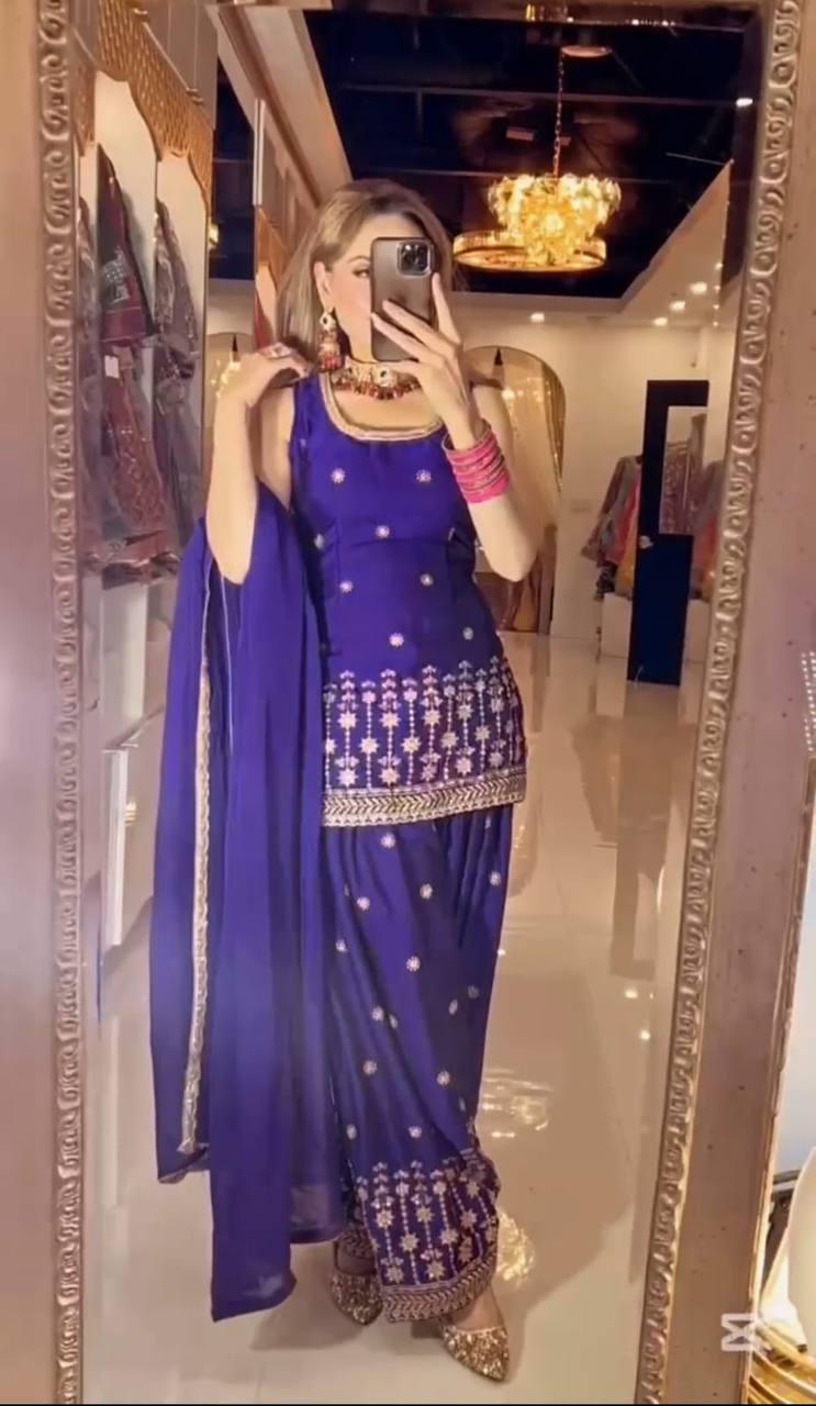 Designer Party Collection in Heavy Chinnon Silk with Embroidery Sequence Work and Dhoti Style Bottom