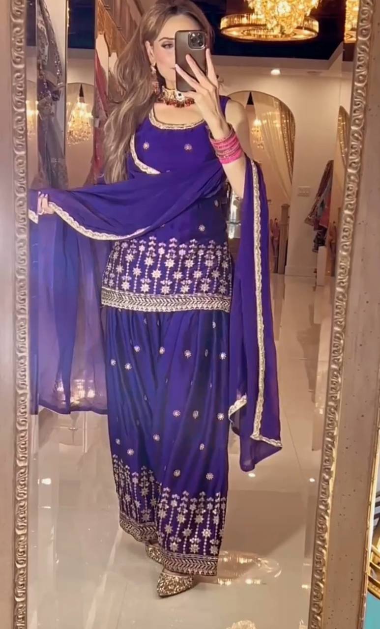 Designer Party Collection in Heavy Chinnon Silk with Embroidery Sequence Work and Dhoti Style Bottom