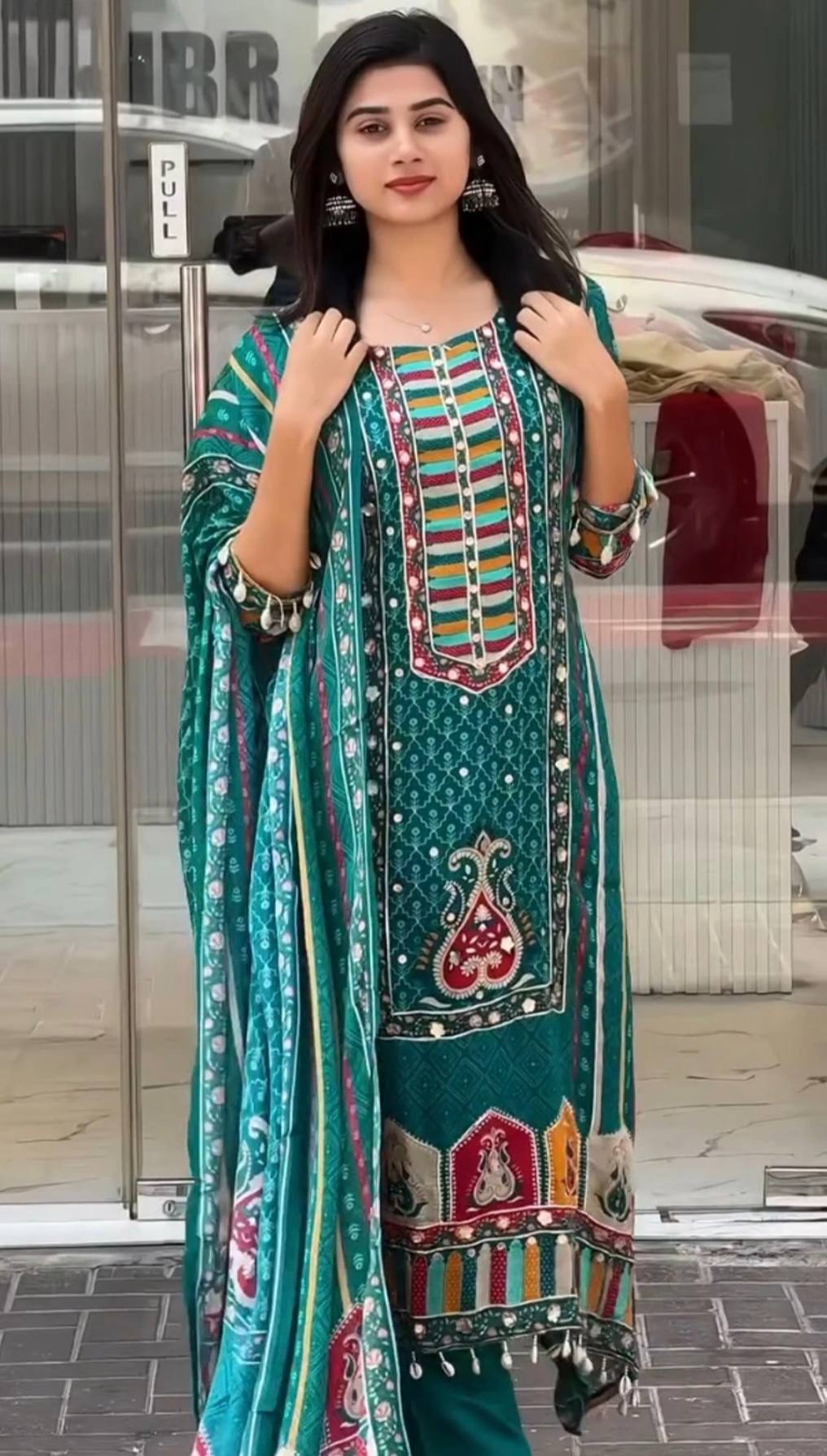 Exclusive Ready-to-Wear A-Line Kurta Set in Digital Print and Mirror Embellishment