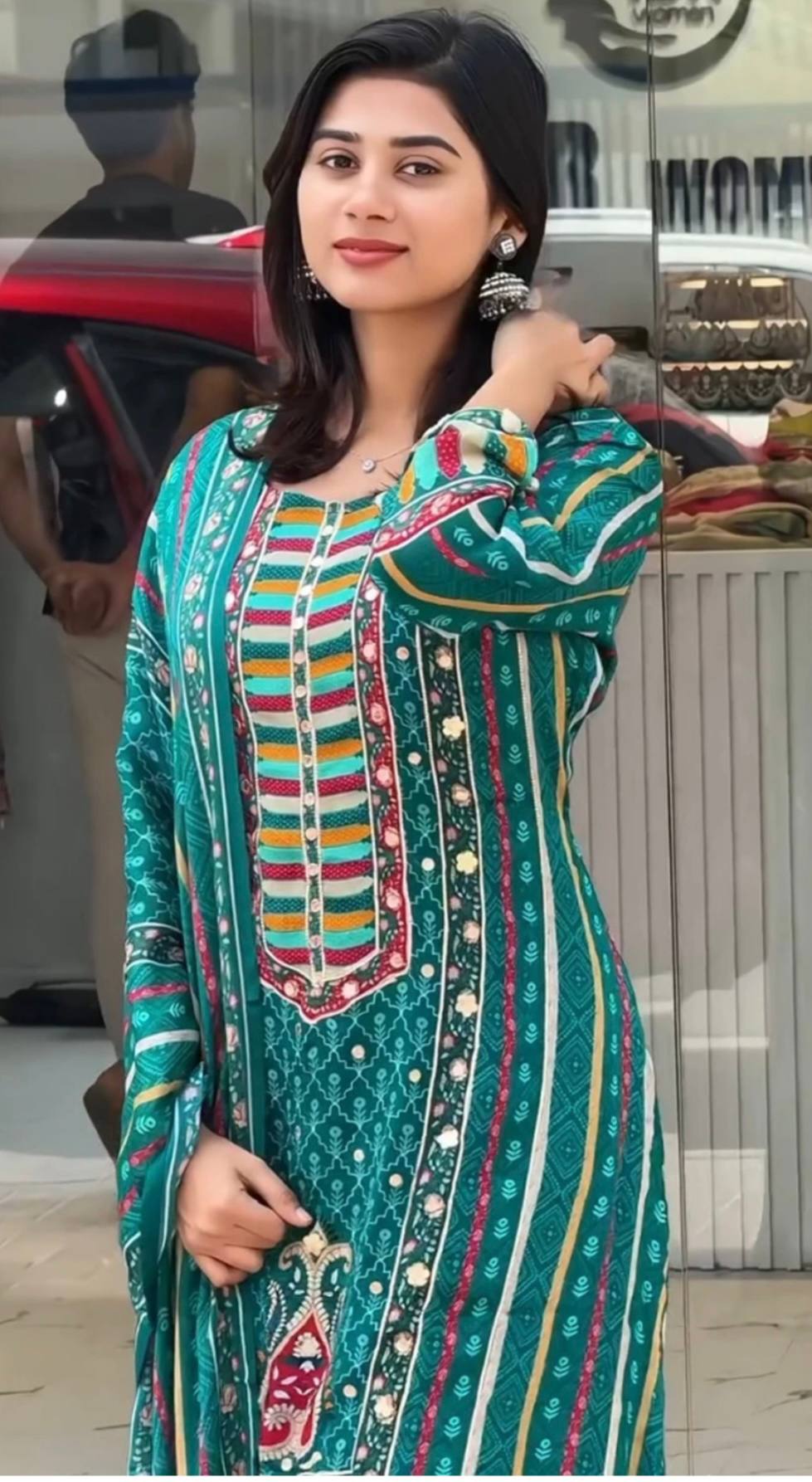 Exclusive Ready-to-Wear A-Line Kurta Set in Digital Print and Mirror Embellishment
