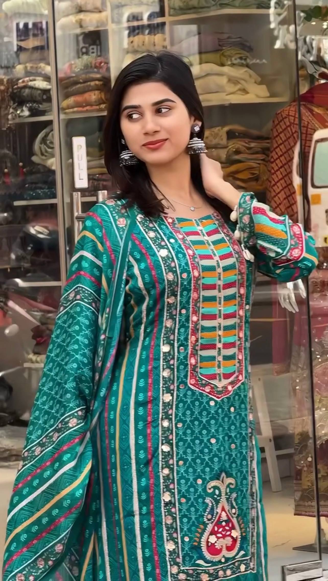 Exclusive Ready-to-Wear A-Line Kurta Set in Digital Print and Mirror Embellishment