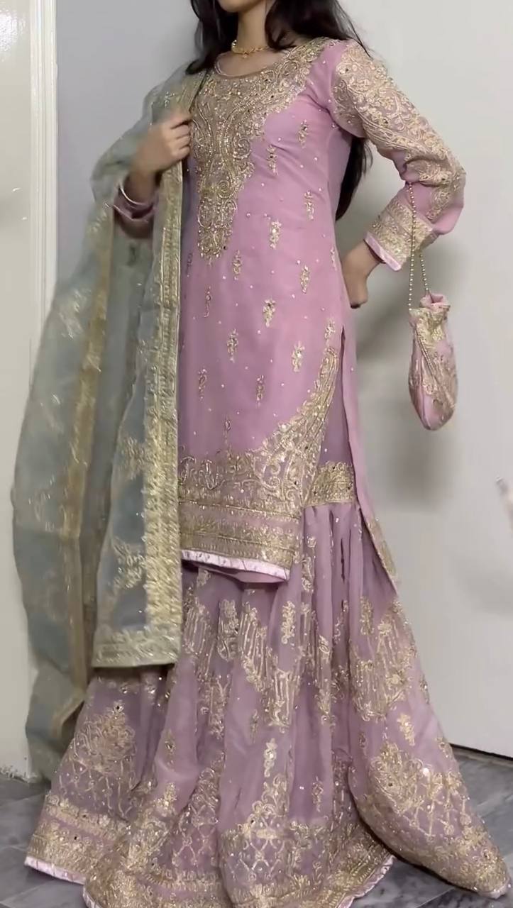 Embroidered Faux Georgette Top & Sharara Palazzo with 3mm Sequins and Mirror Work