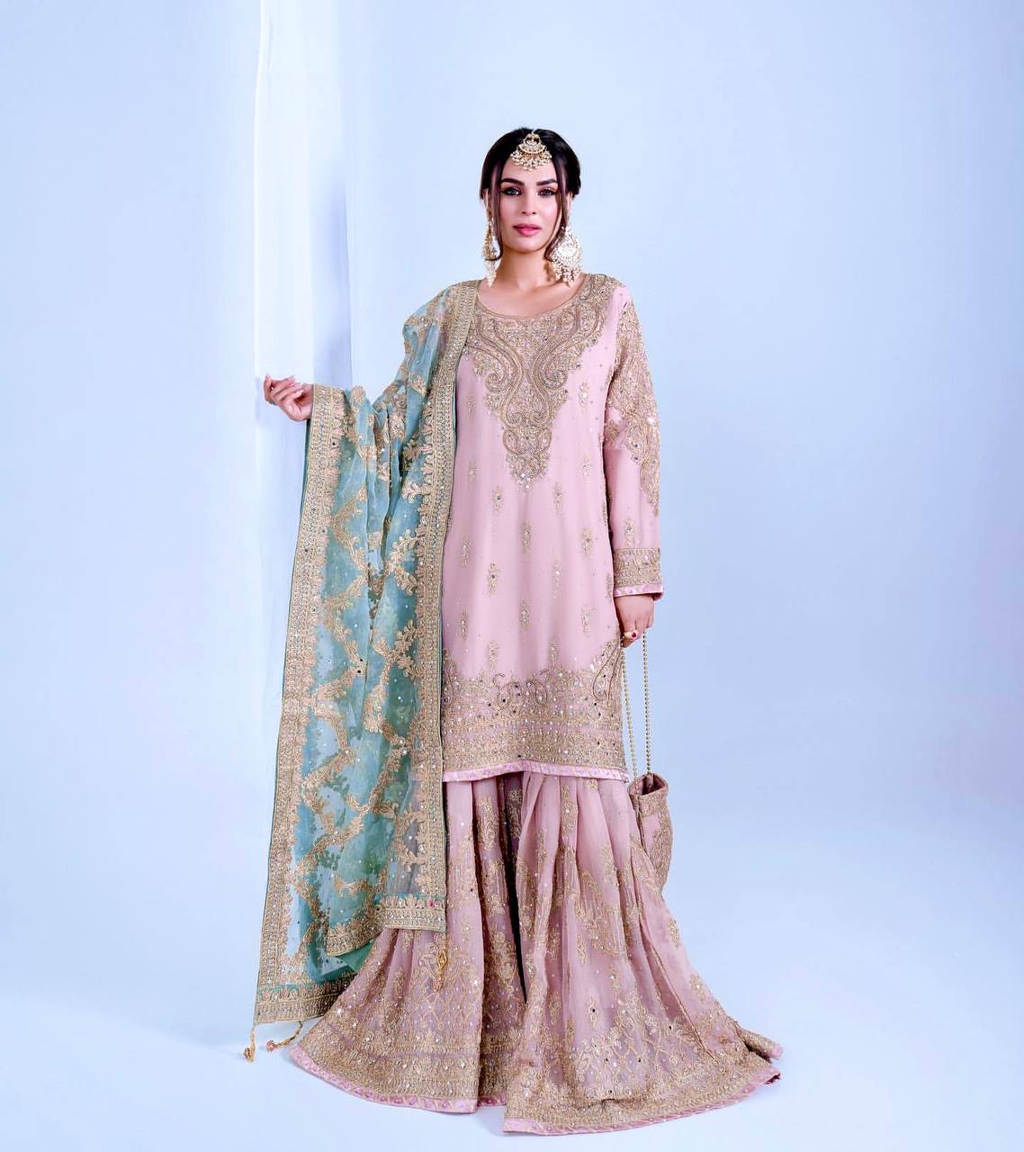 Embroidered Faux Georgette Top & Sharara Palazzo with 3mm Sequins and Mirror Work