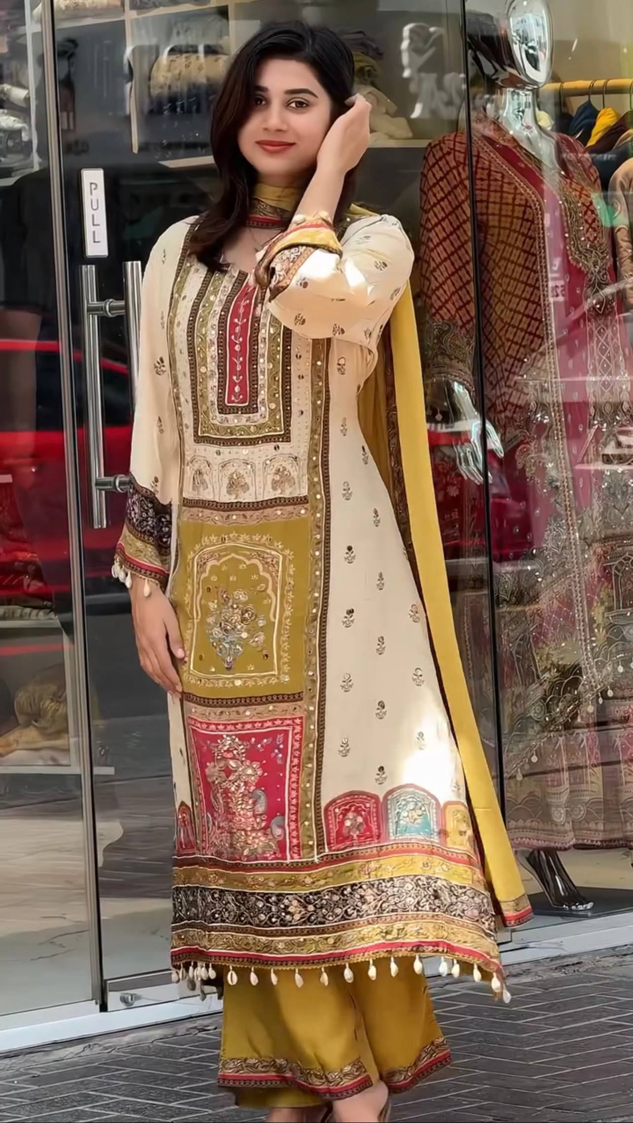 Contemporary Festive Wear A-Line Kurta Set in Digital Print with Mirror Highlights