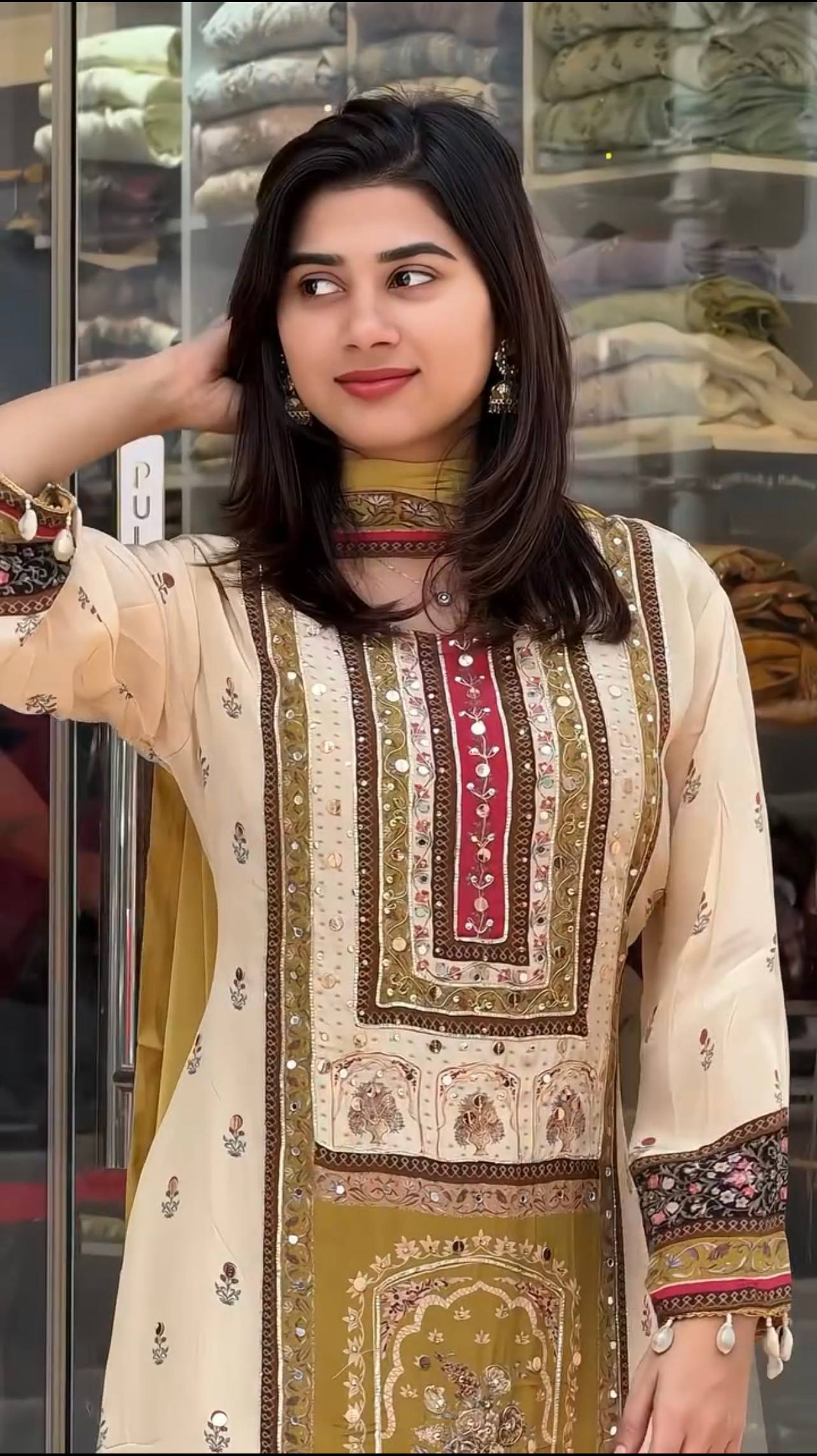 Contemporary Festive Wear A-Line Kurta Set in Digital Print with Mirror Highlights