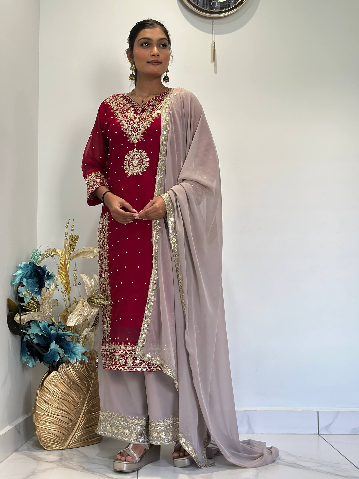 Opulent Faux Georgette Top-Plazzo Set Accented with Moti and Sequin Handwork