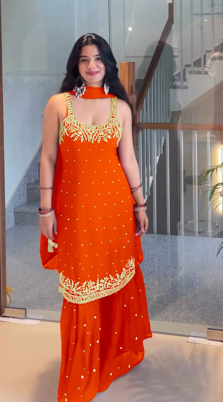 Luxury Faux Georgette Top with Palazzo and Dupatta – Handwork & Embroidery Detailing