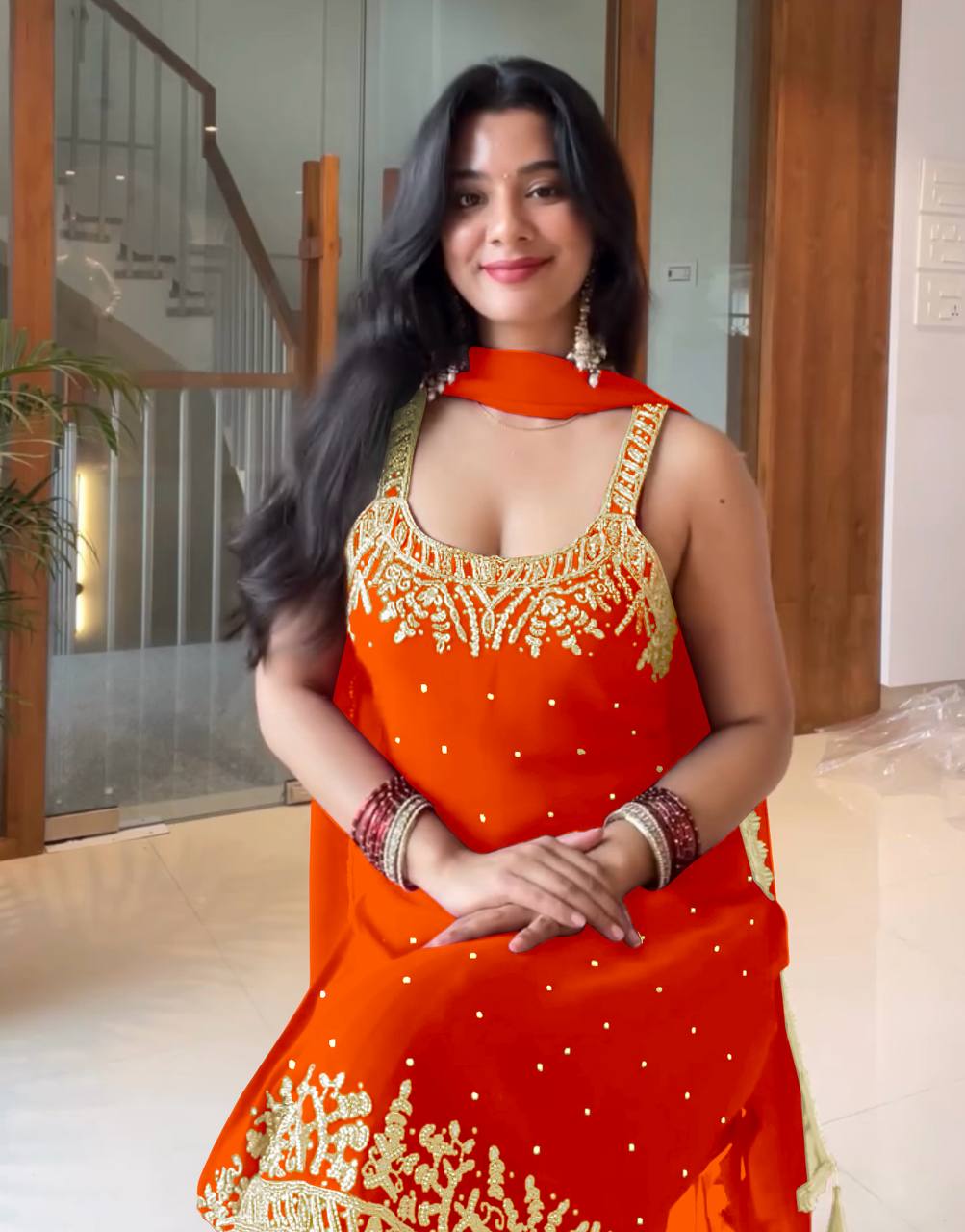 Luxury Faux Georgette Top with Palazzo and Dupatta – Handwork & Embroidery Detailing