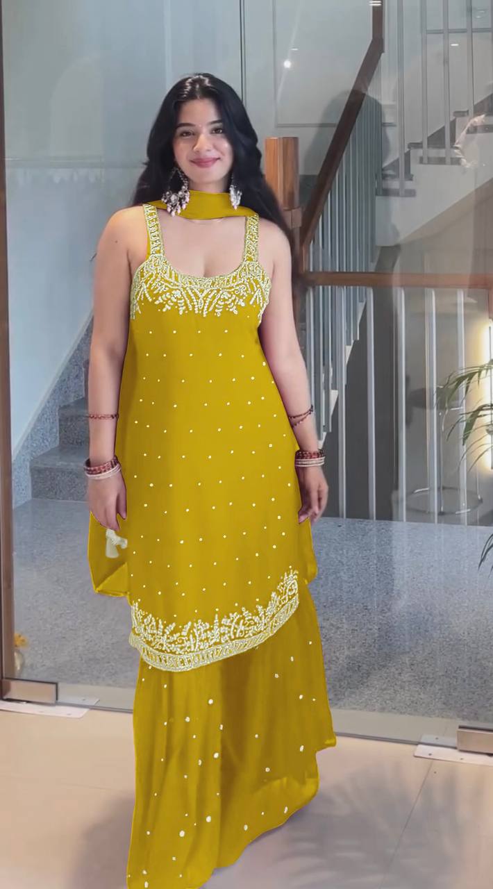 Luxury Faux Georgette Top with Palazzo and Dupatta – Handwork & Embroidery Detailing