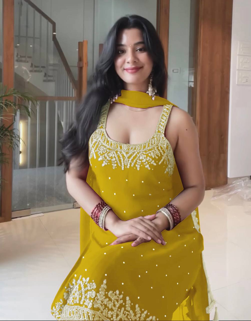 Luxury Faux Georgette Top with Palazzo and Dupatta – Handwork & Embroidery Detailing