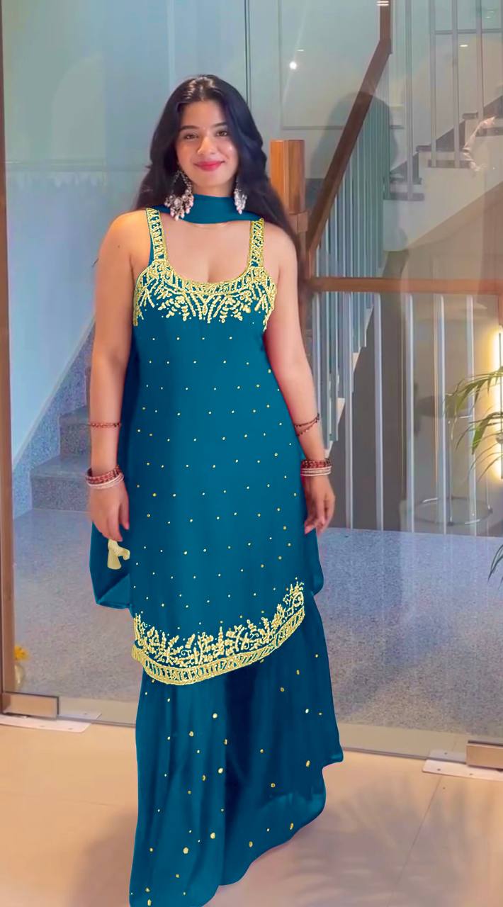 Luxury Faux Georgette Top with Palazzo and Dupatta – Handwork & Embroidery Detailing
