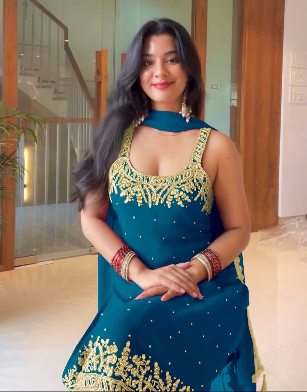 Luxury Faux Georgette Top with Palazzo and Dupatta – Handwork & Embroidery Detailing