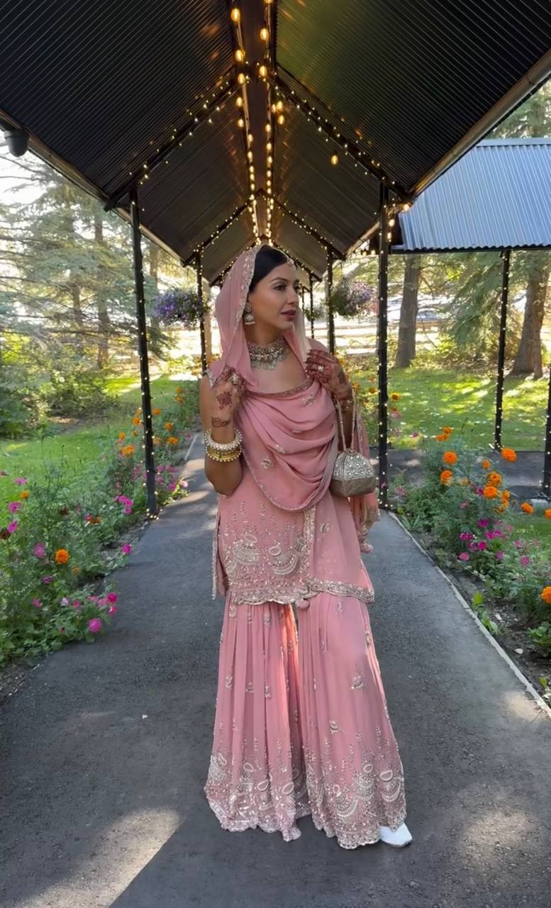 Designer Party Wear Faux Georgette Embroidered Top and Sharara Palazzo Set with Dupatta