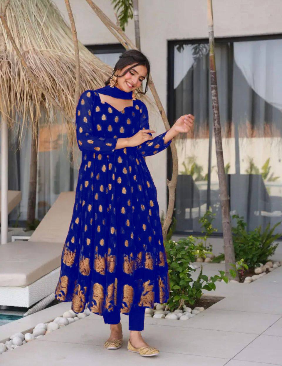 Premium Designer Heavy Faux Georgette Gown & Pant Set with Beautiful Embroidery Work and Graceful Full Sleeves