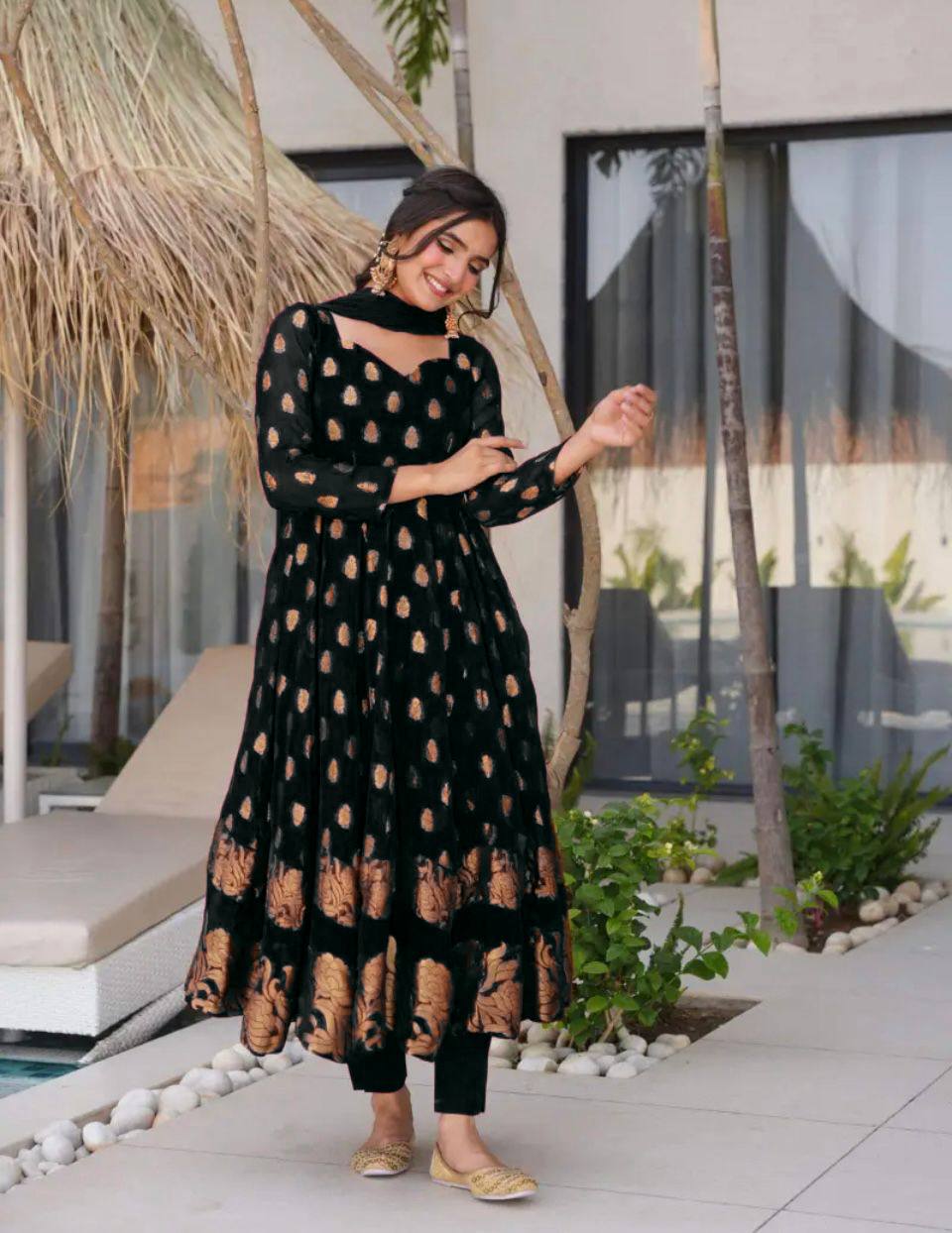 Premium Designer Heavy Faux Georgette Gown & Pant Set with Beautiful Embroidery Work and Graceful Full Sleeves