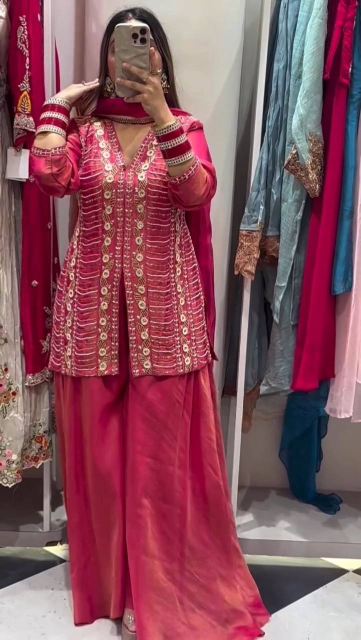 Exclusive Simar Silk Designer Outfit Showcasing Intricate Hand Embroidery and Tabby Silk Dupatta