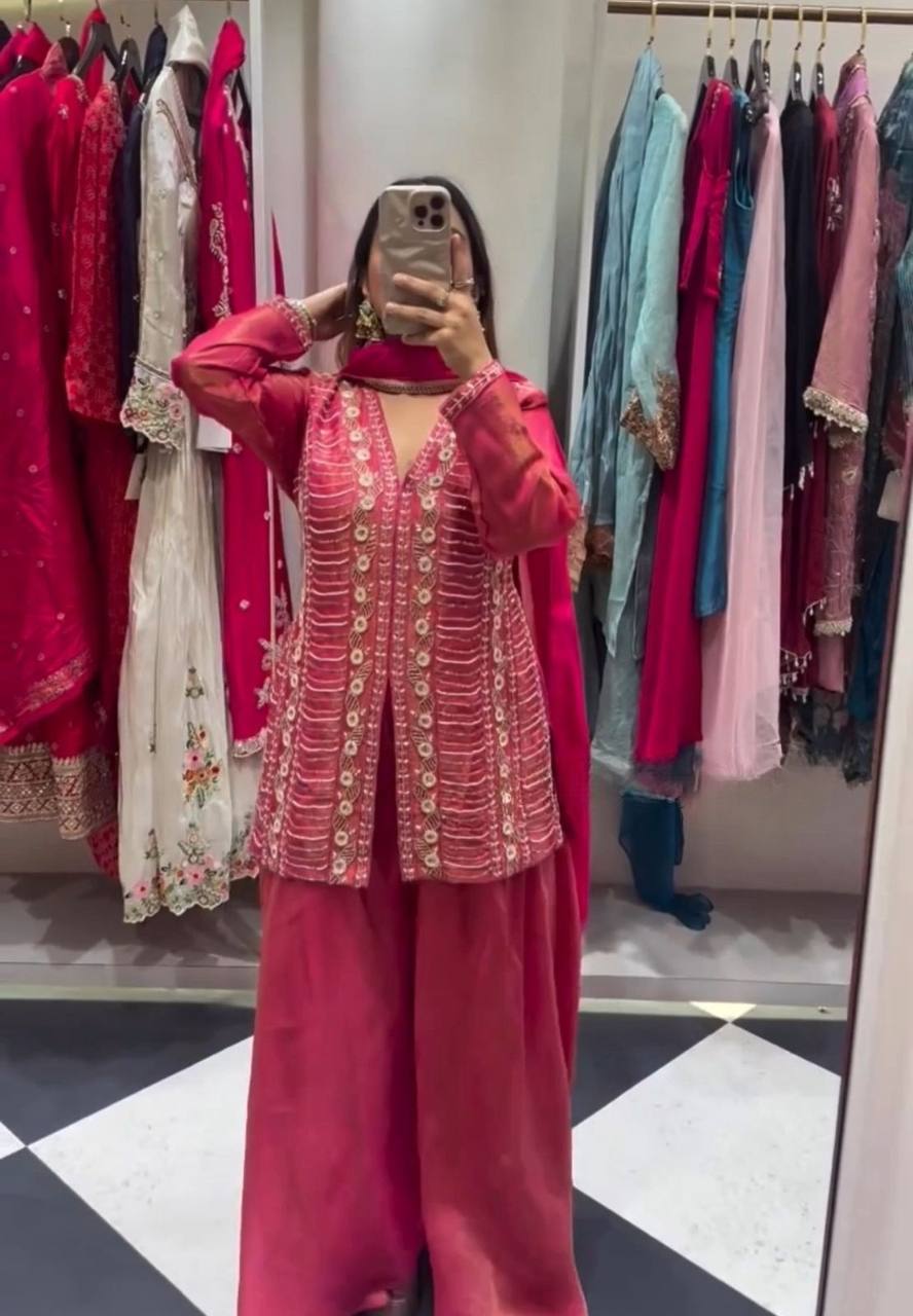 Exclusive Simar Silk Designer Outfit Showcasing Intricate Hand Embroidery and Tabby Silk Dupatta
