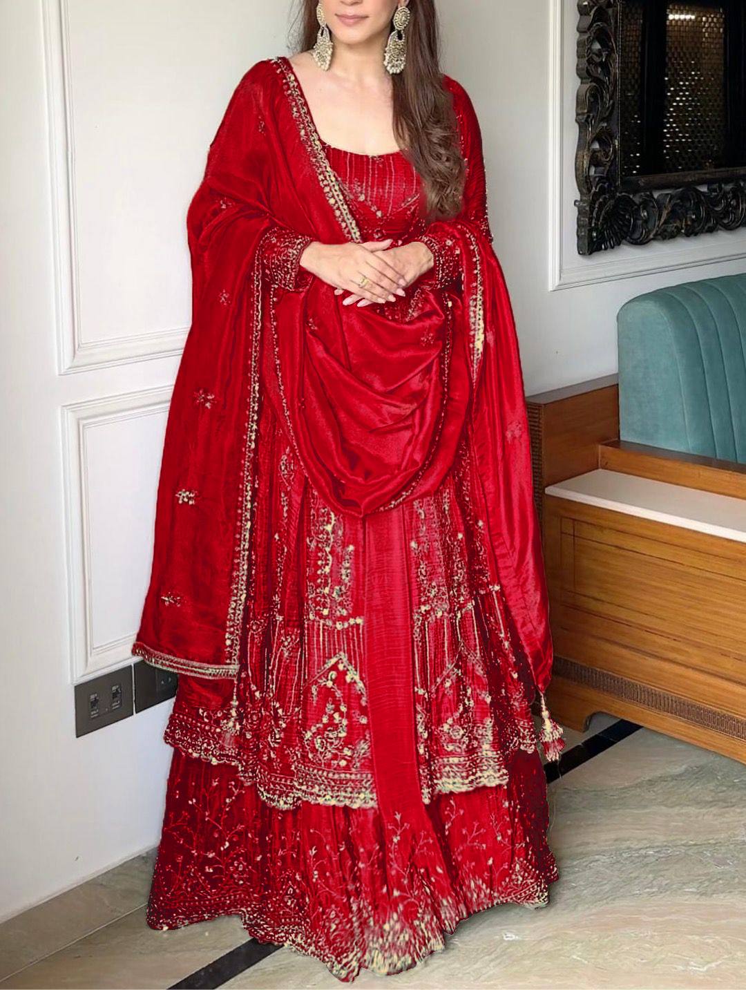 Embroidered Full Sleeve Gown Set with Coordinated Lehenga in Party Wear Style