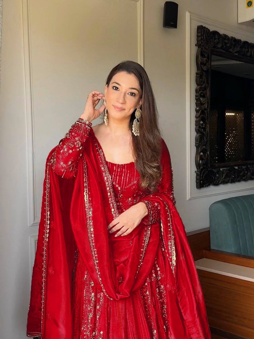 Embroidered Full Sleeve Gown Set with Coordinated Lehenga in Party Wear Style
