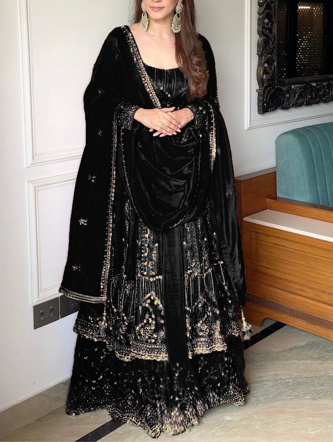 Embroidered Full Sleeve Gown Set with Coordinated Lehenga in Party Wear Style
