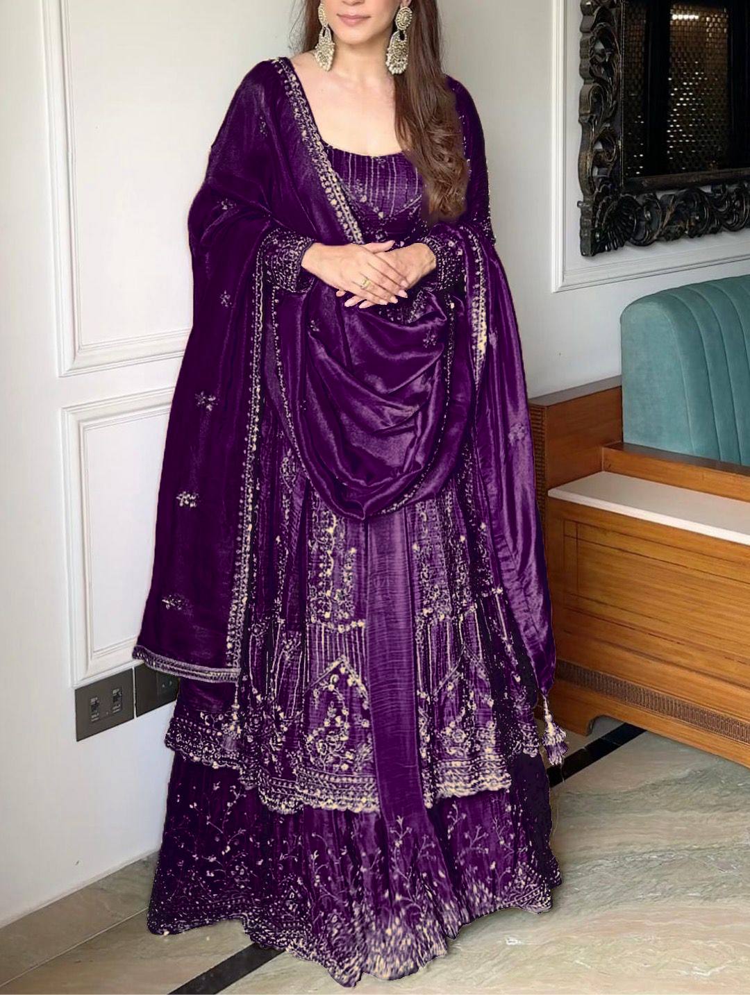 Embroidered Full Sleeve Gown Set with Coordinated Lehenga in Party Wear Style