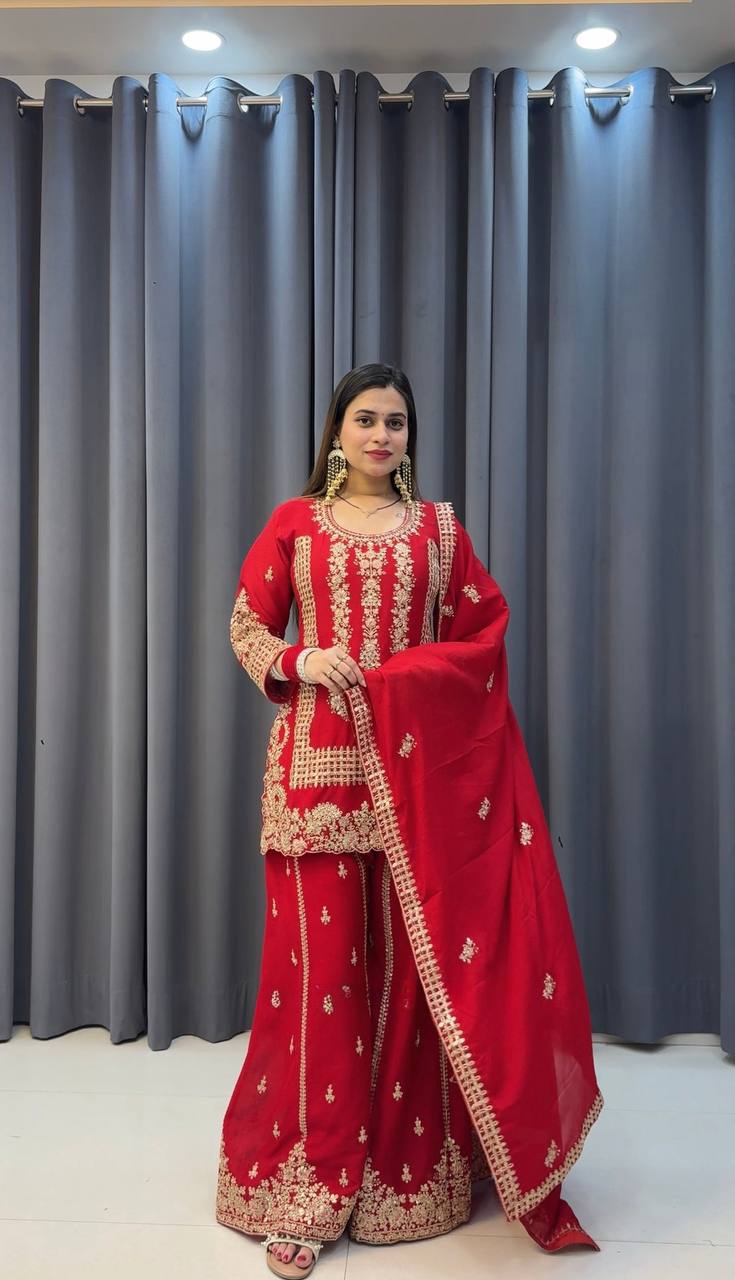 Premium Ethnic Designer Palazzo Ensemble in Heavy Blooming Faux Georgette Fabric