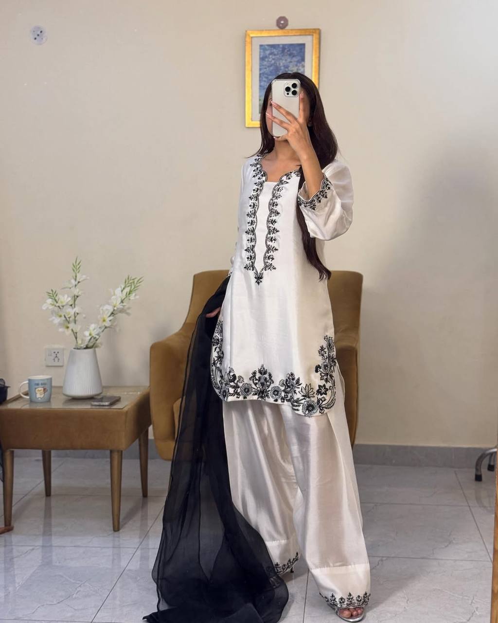 Party Wear Natural Crepe Top and Palazzo with Beads, Sequins, and Embroidery