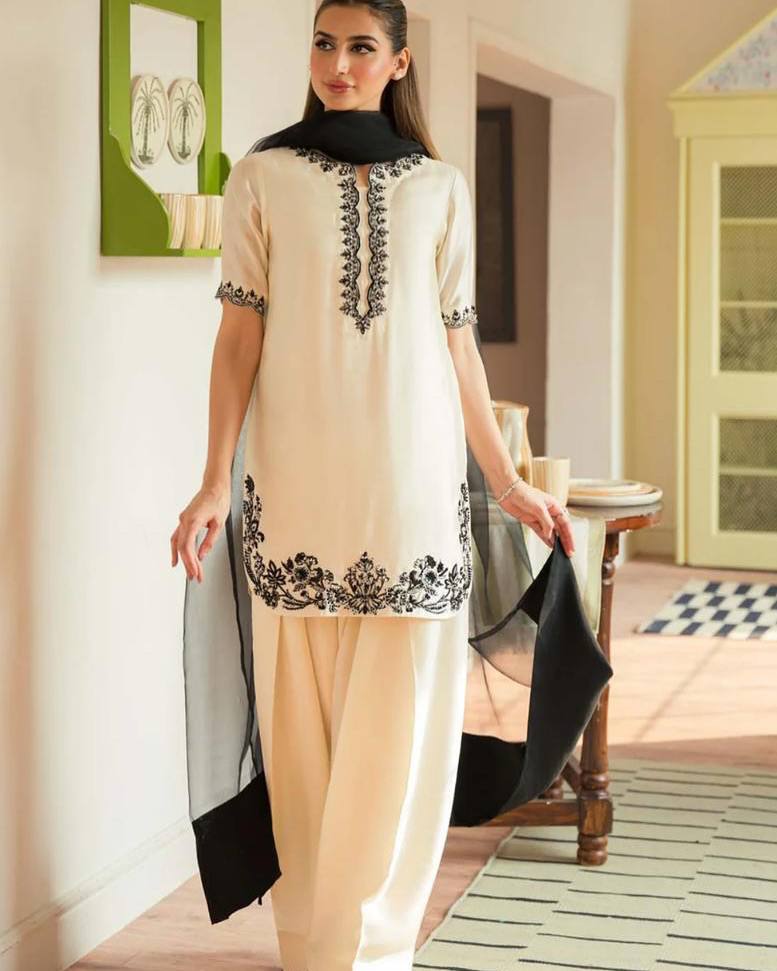 Party Wear Natural Crepe Top and Palazzo with Beads, Sequins, and Embroidery
