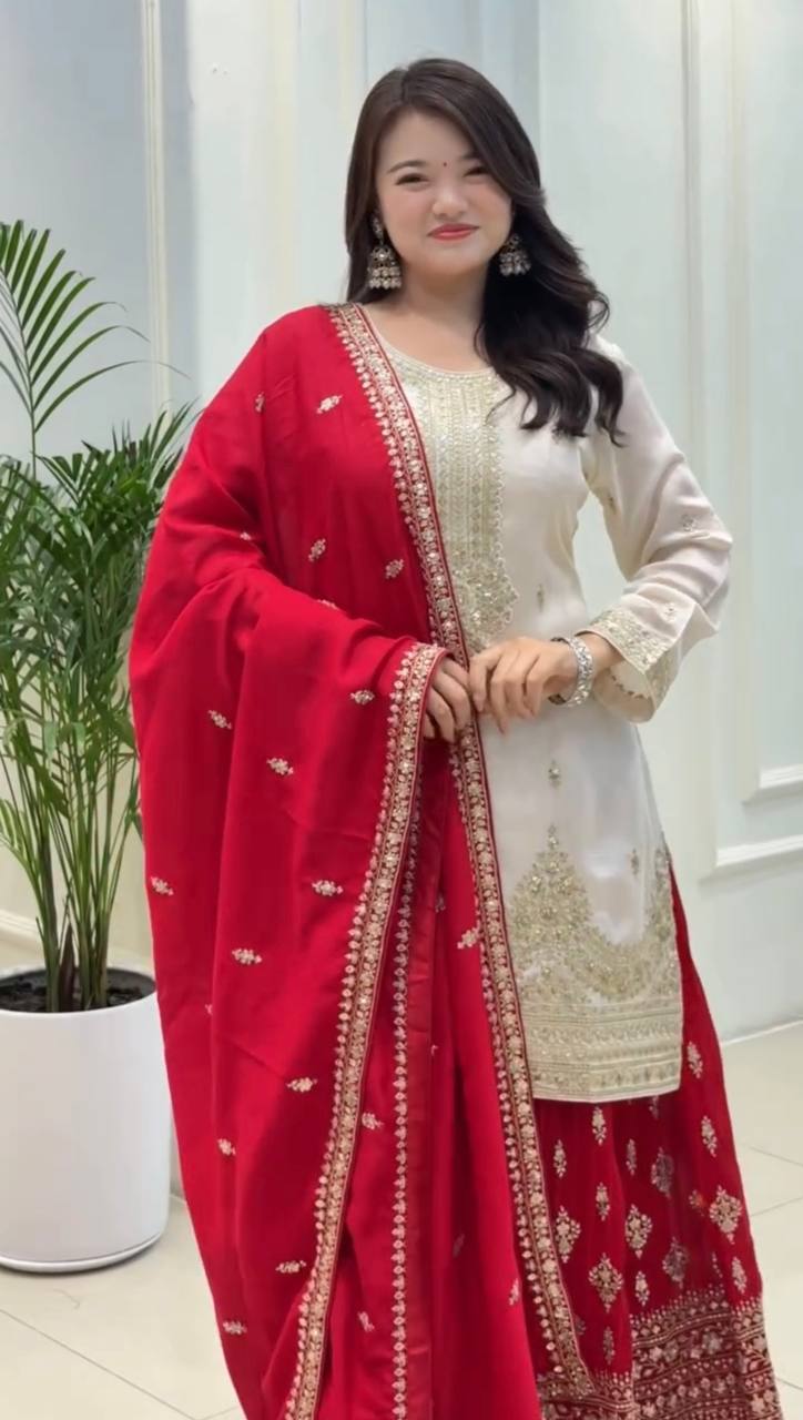 Full Embroidered Chinon Silk Suit Set with Sequins and Matching Dupatta