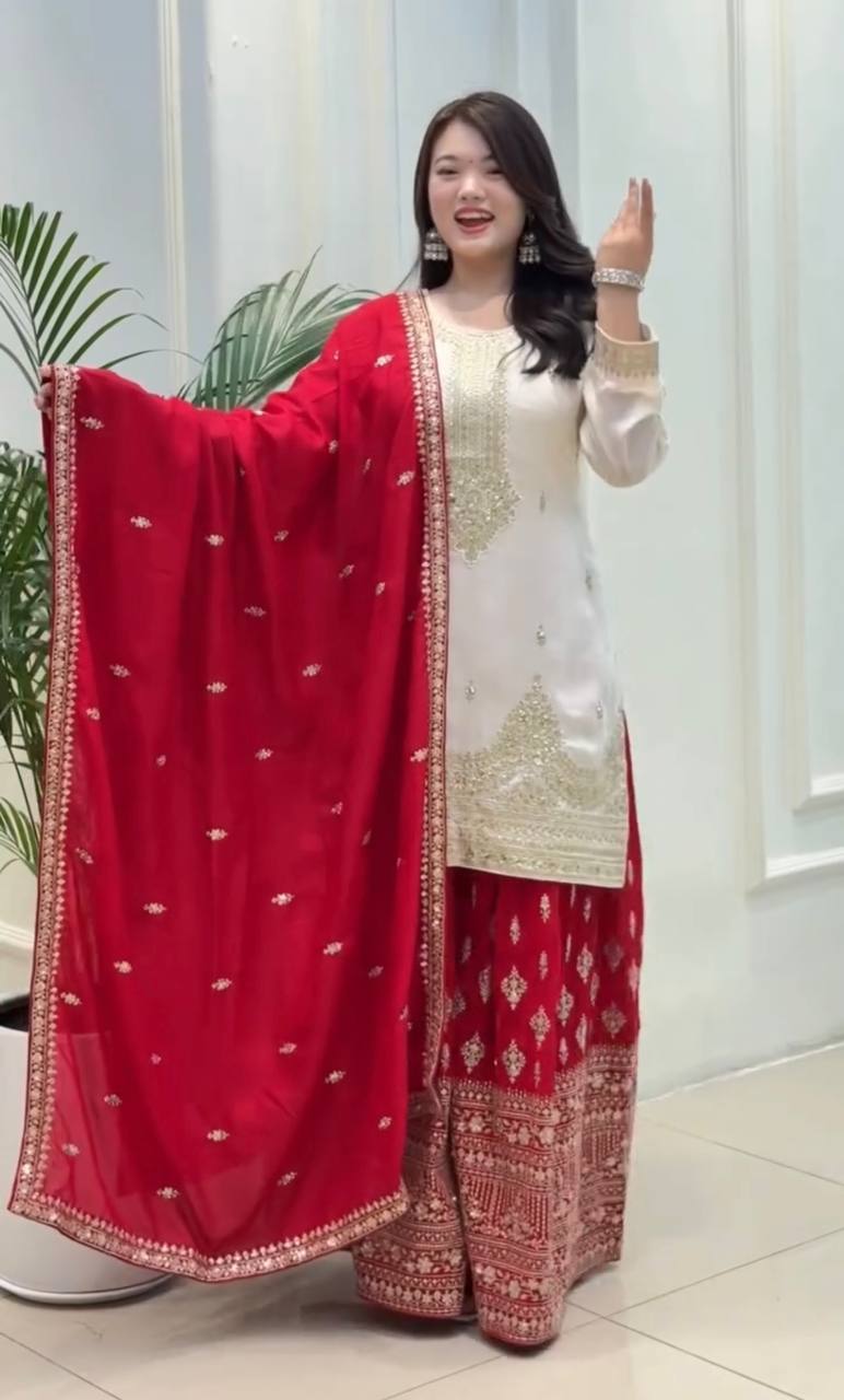 Full Embroidered Chinon Silk Suit Set with Sequins and Matching Dupatta