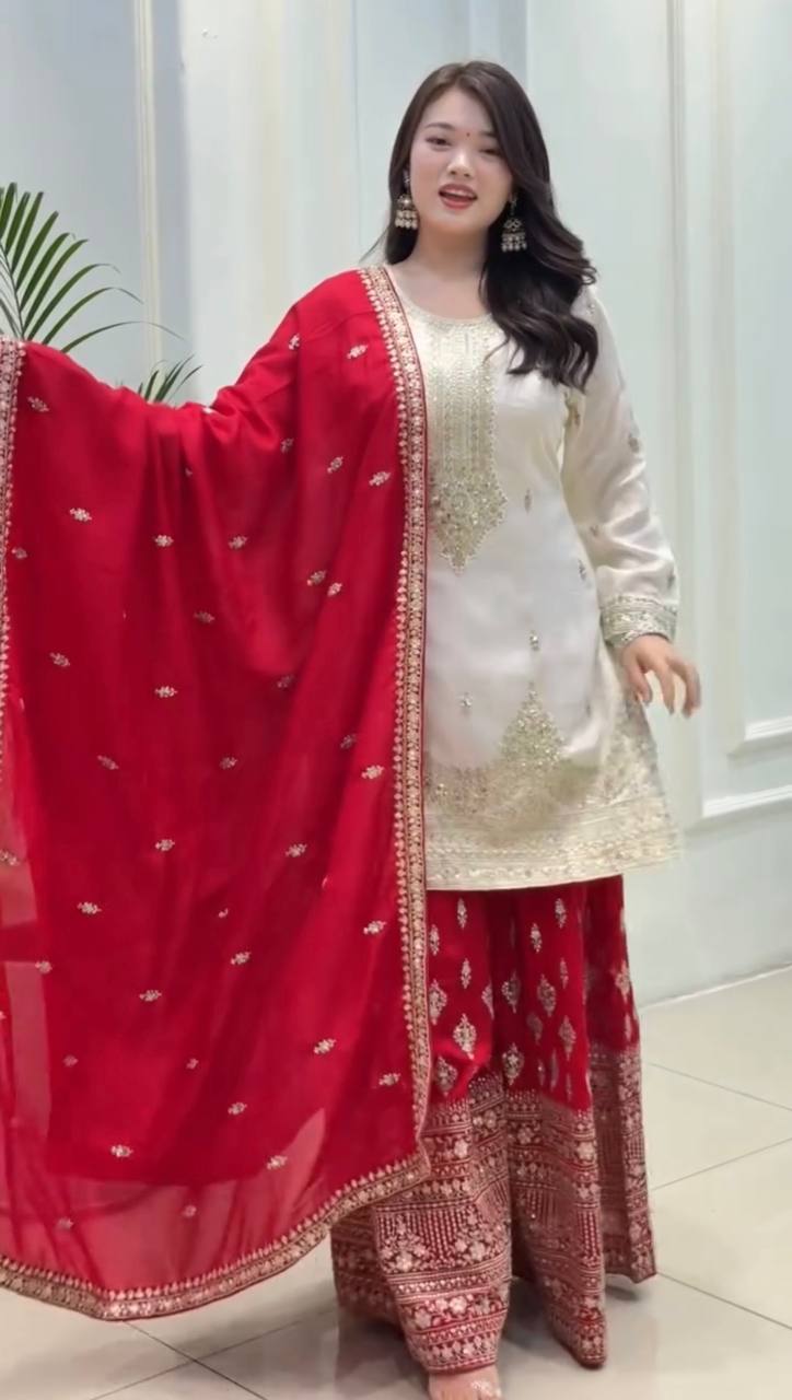 Full Embroidered Chinon Silk Suit Set with Sequins and Matching Dupatta