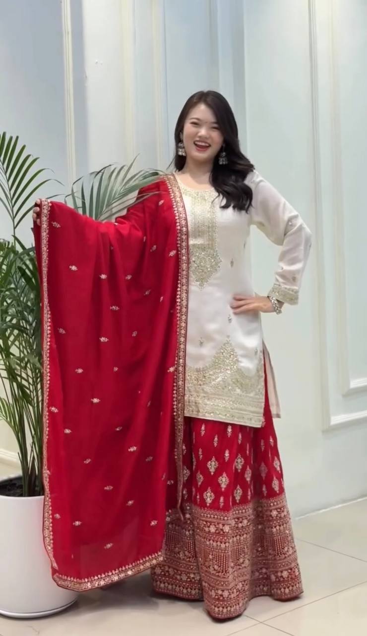 Full Embroidered Chinon Silk Suit Set with Sequins and Matching Dupatta